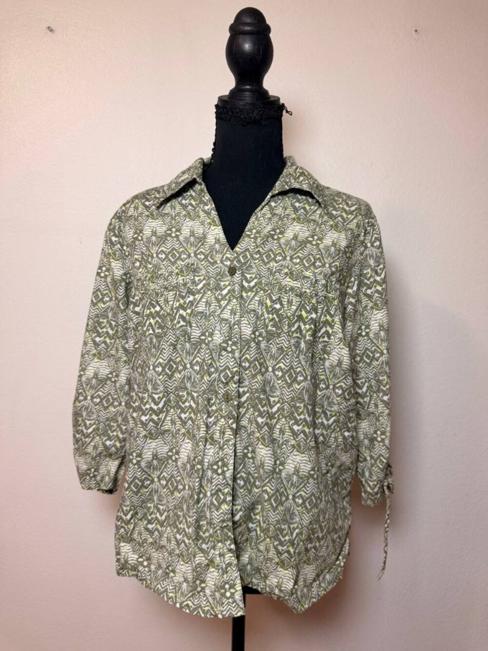 Erika Olive Green Boho Geometric Print Button Up Blouse Earthy Safari Style PL